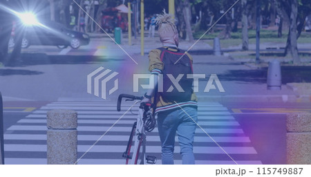 Image of light spots over albino african american man walking with bicycle 115749887