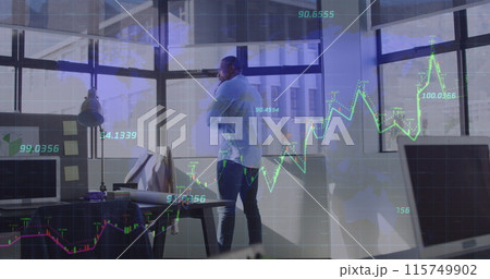 Image of financial data and world map over african american businessman in office 115749902
