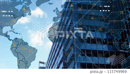 Data processing over world map against tall building in background 115749969