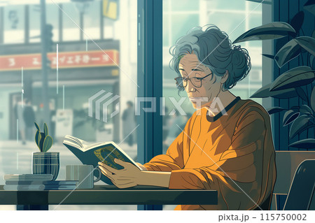 植物のあるカフェ・部屋で読書するシニア女性 115750002