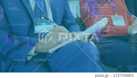 Image of diverse data on digital screen over caucasian businessman making notes Image of diverse data on digital screen over caucasian businessman making notes 115750003