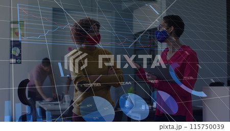 Image of financial data processing over diverse business people wearing face masks Image of financial data processing over diverse business people wearing face masks 115750039