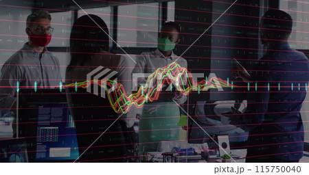 Image of financial data processing over diverse business people wearing face masks Image of financial data processing over diverse business people wearing face masks 115750040