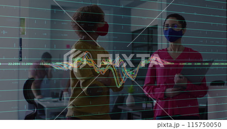 Image of data processing over diverse business people talking 115750050