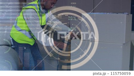 Image of clock and data processing over african american male worker scanning delivery boxes Image of clock and data processing over african american male worker scanning delivery boxes 115750059