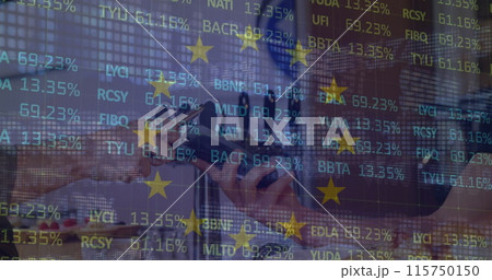 Image of stock market and flag of eu over diverse people paying with smartphone Image of stock market and flag of eu over diverse people paying with smartphone 115750150
