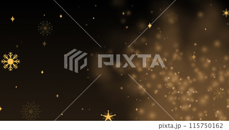 Image of golden snowflakes over black background with golden dots Image of golden snowflakes over black background with golden dots 115750162