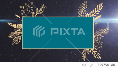 Image of blue frame with copy space and floral decoration on blue background Image of blue frame with copy space and floral decoration on blue background 115750180