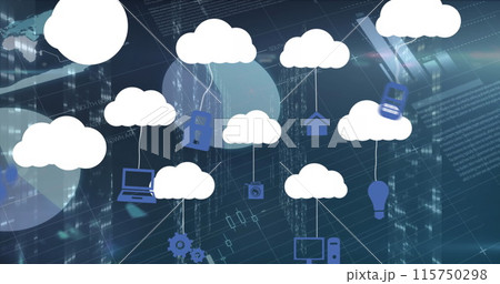 Image of clouds with icons over data processing on black background 115750298