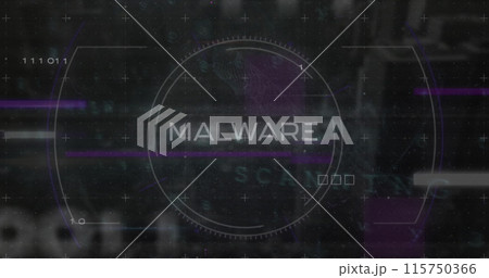 Image of malware text in circle with binary codes, circuit board texture over black background 115750366