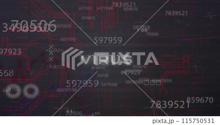 Image of malware text, numbers and data processing over computer motherboard 115750531