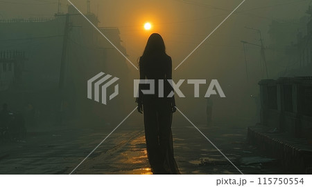 woman in a foggy city 115750554