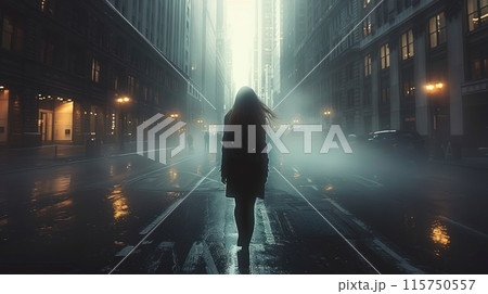 woman in a foggy city woman in a foggy city 115750557