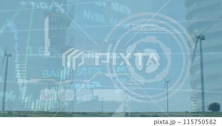 Image of radar, graph and trading board over low angle view of building and windmills 115750582