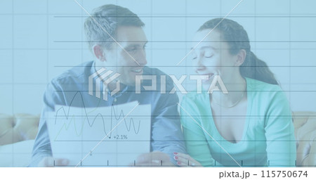 Image of financial data processing and statistics over caucasian couple Image of financial data processing and statistics over caucasian couple 115750674