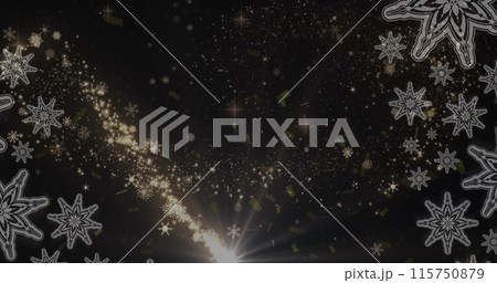 Image of christmas shooting star and snow falling over christmas decorations 115750879