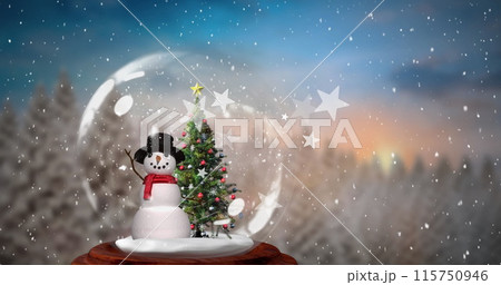 Image of snow and stars over snow globe with christmas tree and snowman Image of snow and stars over snow globe with christmas tree and snowman 115750946