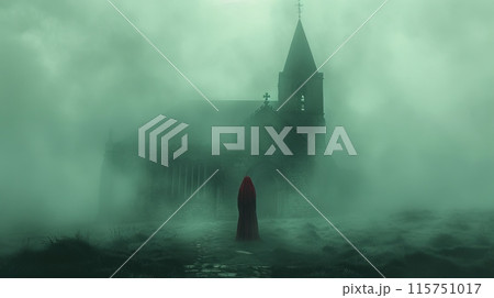 nun in the fog near the church 115751017