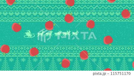 Image of christmas red apples falling over pattern on green background 115751170