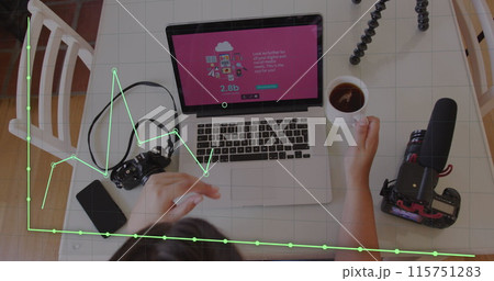 Image of green line, statistics and data processing over businesswoman using laptop Image of green line, statistics and data processing over businesswoman using laptop 115751283