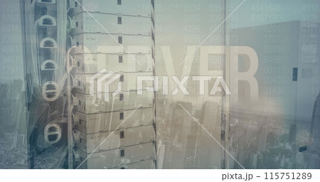 Image of server text banner over close up of a computer server against aerial view of cityscape 115751289