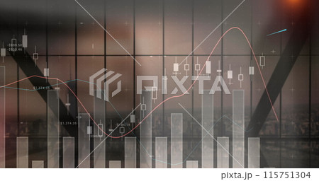 Image of financial graphs moving over cityscape Image of financial graphs moving over cityscape 115751304
