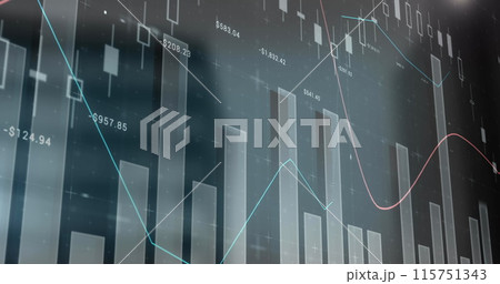 Image of financial graphs moving over cityscape Image of financial graphs moving over cityscape 115751343