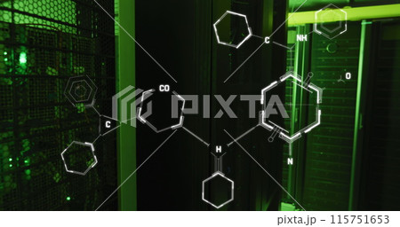 Image of chemical structures floating against computer server room 115751653