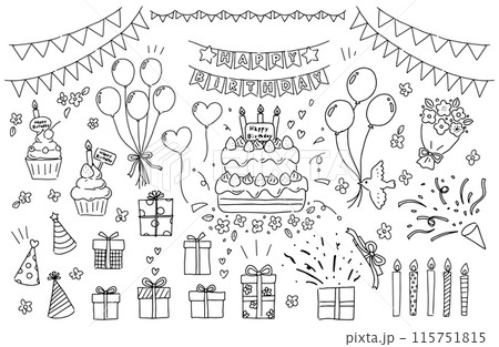 誕生日にまつわる線画のイラストセット 115751815