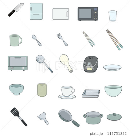 キッチン用品のシンプルなイラストセット(黒線) キッチン用品のシンプルなイラストセット(黒線) 115751832