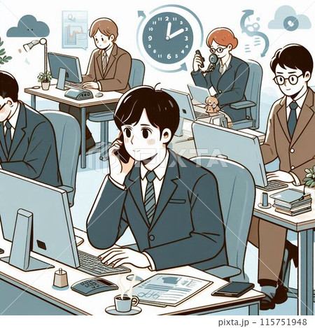 「オフィスのダイナミクス」 - 活気あるオフィス環境を表現したイラスト 「オフィスのダイナミクス」 - 活気あるオフィス環境を表現したイラスト 115751948