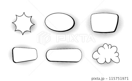 Comic speech bubble cloud with halftone, empty frame for text, boom or pow sound effects in pop art style. Set dialog balloons. 115751971
