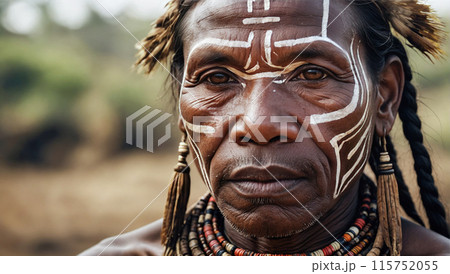 Men with traditional decorations and headwear in a forest. 115752055