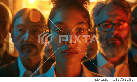 A woman with glasses stands in front of a group of people 115752186