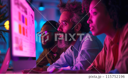 Three people are looking at a computer monitor with a colorful background 115752196