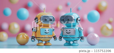 Two robots are standing next to each other, one is yellow and the other is blue 115752206