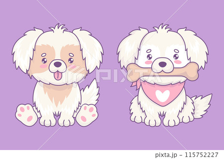 Cute white fluffy dog with tongue hanging out and with big bone in his mouth. Funny cartoon kawaii pet. Vector illustration. Isolated animals. Kids collection. Cute white fluffy dog with tongue hanging out and with big bone in his mouth. Funny cartoon kawaii pet. Vector illustration. Isolated animals. Kids collection. 115752227