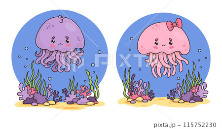 Collection cute jellyfish boy and girl. Funny cartoon animal kawaii character. Vector illustration. Underwater landscape with algae and corals. Kids collection 115752230