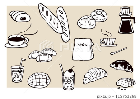 手描きのパンと飲み物のイラストセット 115752269
