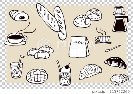 手描きのパンと飲み物のイラストセット 115752269