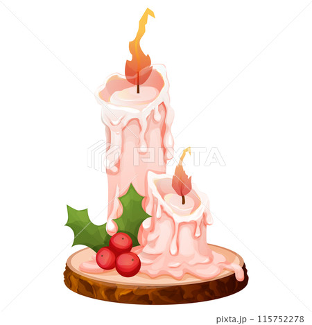 Wax candles with fire, flame on wooden board, tray with leaves and berries isolated on white background. Game element, winter decoration. Wax candles with fire, flame on wooden board, tray with leaves and berries isolated on white background. Game element, winter decoration. 115752278
