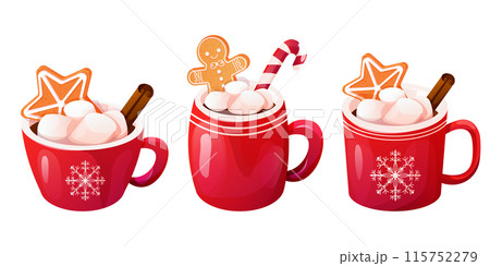 Christmas holiday red mug with hot beverage, marshmallow, gingerbread star, cinnamon stick isolated on white background. 115752279