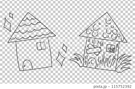 ゆるめシンプルな綺麗な家とボロボロの家　線画 115752392