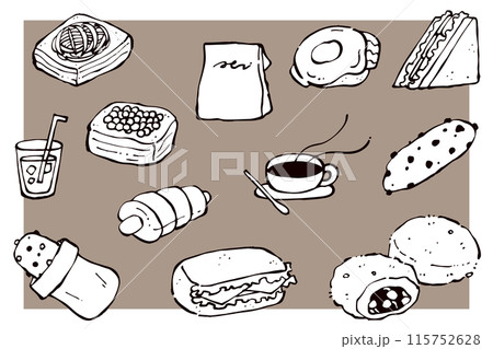 手描きのパンと飲み物のイラストセット 115752628
