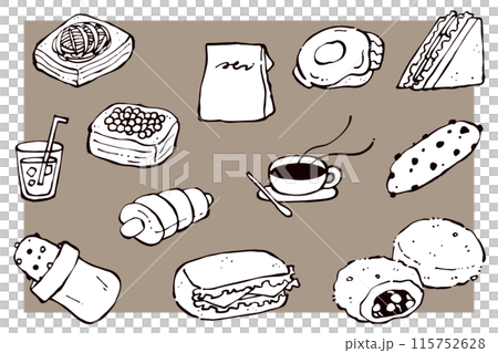 手描きのパンと飲み物のイラストセット 115752628