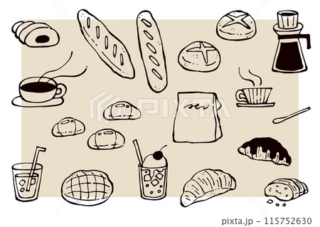 手描きのパンと飲み物のイラストセット　線画 115752630