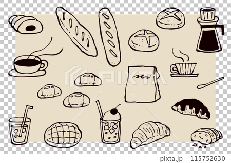 手描きのパンと飲み物のイラストセット　線画 115752630