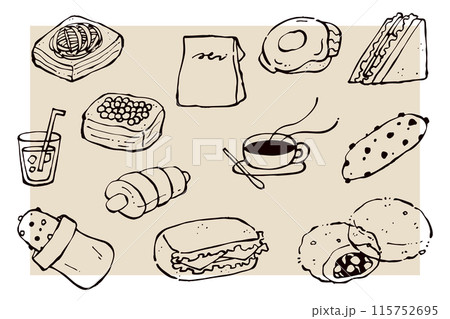 手描きのパンと飲み物のイラストセット 線画のイラスト素材 [115752695