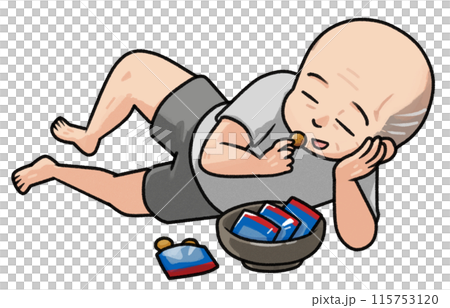 一位老人躺著吃零食 115753120