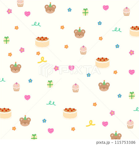 Happy birthday background with teddy bear, cake, cupcake, candle, gift box, heart, flower for gift wrap, packaging, birthday party backdrop, wallpaper, social media post, print, pattern, cafe, menu Happy birthday background with teddy bear, cake, cupcake, candle, gift box, heart, flower for gift wrap, packaging, birthday party backdrop, wallpaper, social media post, print, pattern, cafe, menu 115753386